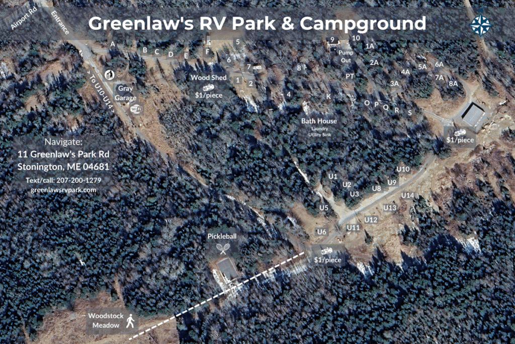 Park map of Greenlaw’s RV & Campground, island camping in Stonington, Maine