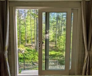 View from inside a cozy cabin rental looking out an open sliding glass door to a lush, green stand of tall pine trees in coastal Maine.