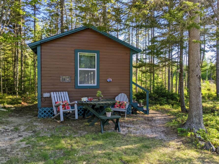 A charming brown vacation cabin rental at a Stonington Maine campground, surrounded by tall pine trees with an outdoor wooden table and chairs set up in the shaded yard for relaxing.