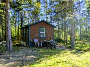 A secluded brown camping cabin with a green metal roof surrounded by tall pine trees in Stonington, Maine, complete with an outdoor wooden picnic table, and a rocking chair.