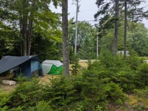 Level campsite with a tent on Deer Isle in Stonington, Maine, nestled in the trees