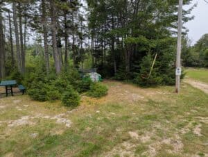 Tent on a level campsite pad in the Stonington, Maine woods