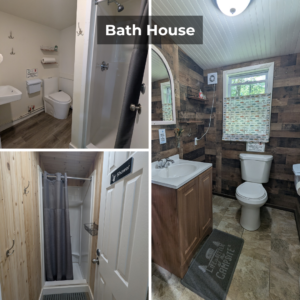 Photos of the bath house at the campground which is used by The Cabin guests for their coastal rental getaway.
